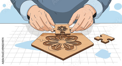 Hands assembling wooden puzzle with floral design, strategy and completion concept