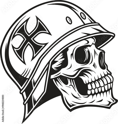 Biker Skull, Motorcycle Helmet, Skull Illustration, Black and White Vector