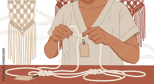 Hands crafting macrame with rope and tag on table, artisan hobby