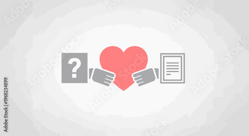 Hands exchange heart symbol, question mark and document icon on abstract background