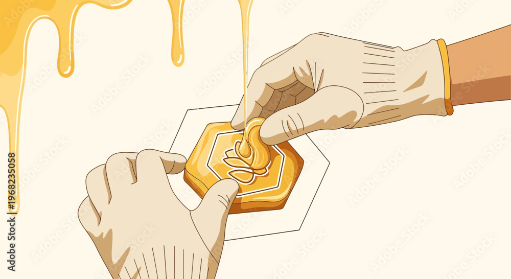 Obraz premium Hands in Gloves Making Dalgona Candy with Honey Drips