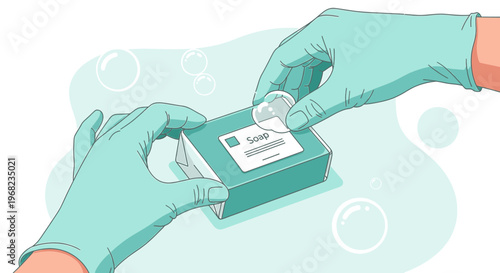 Hands in Gloves Applying Label to Soap Bar Packaging
