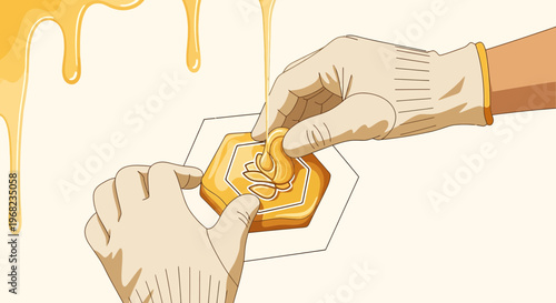 Hands in Gloves Making Dalgona Candy with Honey Drips