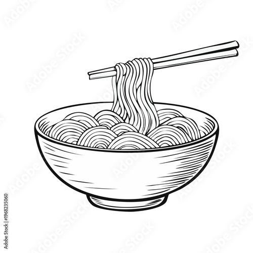 Hand drawn illustration of a bowl of noodles being lifted by chopsticks isolated on white background