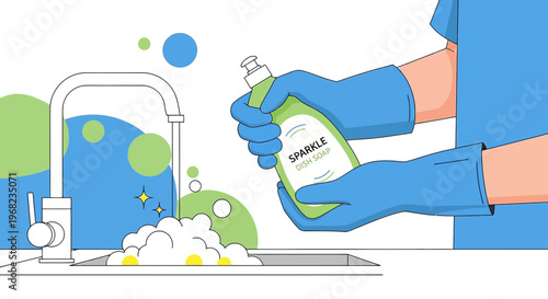 Hands in Gloves Squeezing Dish Soap Bottle into Sink with Suds