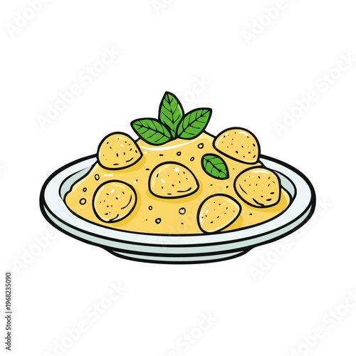 Delicious cartoon gnocchi dish with fresh mint leaves on a white plate