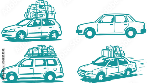 Hand Drawn Car Travel Silhouette Vector Illustration Set with Luggage Loaded Vehicle Road Trip Transport and Tourism Design.
