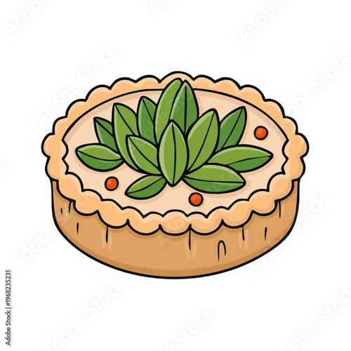 Whimsical Cartoon Savory Tart with Green Herb Garnish and Red Berries