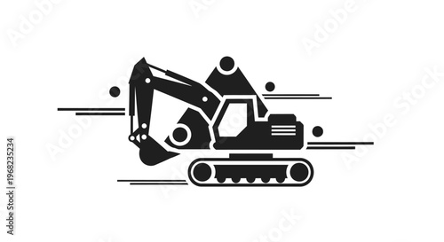 Black and White Excavator Illustration for Construction and Industry Projects.