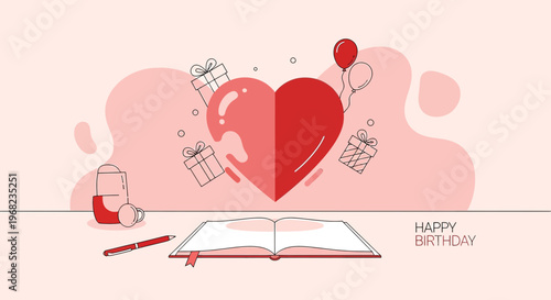Happy Birthday Celebration with Heart, Gifts, and Open Book - Vector Art