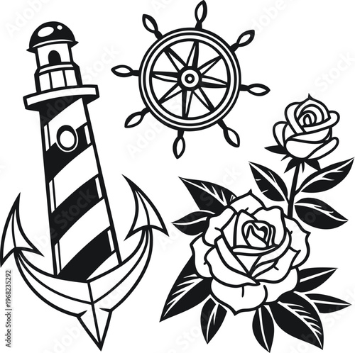 Nautical tattoo icons, lighthouse anchor ship wheel, rose floral symbols, black line art vector set
