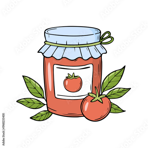 Hand drawn illustration of a jar of tomato jam surrounded by fresh tomatoes and leaves symbolizing homemade preserve