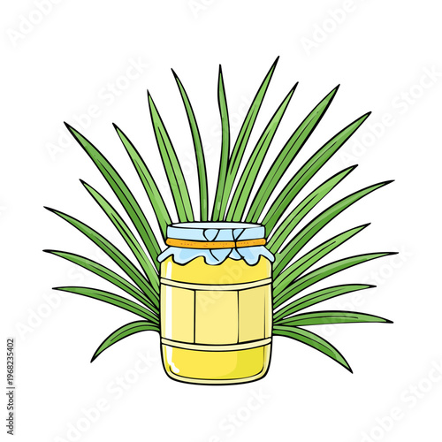 Jar of golden honey with green palm leaves illustration for food and natural products