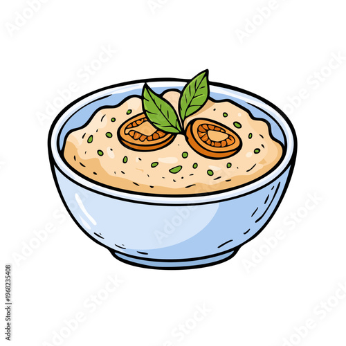 Delicious and healthy porridge with tomato slices and fresh basil leaves in a light blue bowl