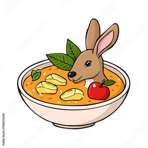 Cute cartoon kangaroo emerges from a vibrant bowl of stew with fruit and herbs