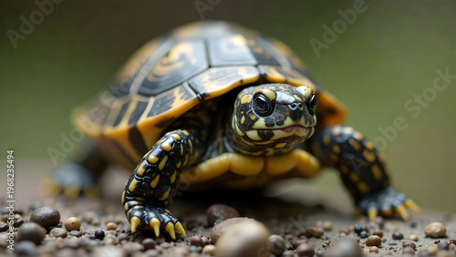 A vibrant close-up image of a colorful turtle showcasing its intricate shell patterns and textures. The background features a natural setting, enhancing the turtle's beauty.