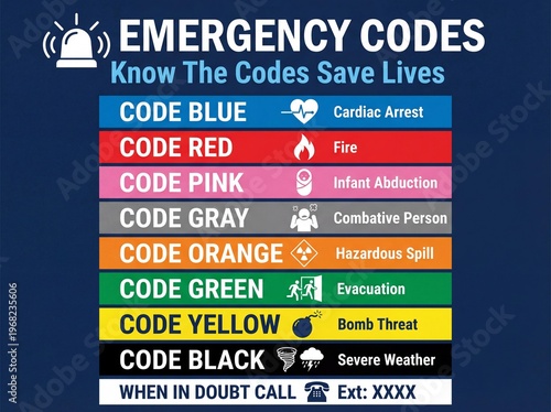 Hospital emergency codes chart vital information for cardiac arrest fire infant abduction combative person hazardous spill evacuation bomb threat severe weather and general