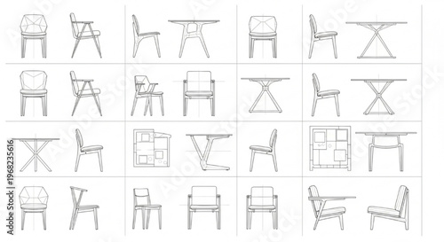 Modern Interior Furniture CAD Sections Vector Chairs Sofas Armchairs Technical Design Set