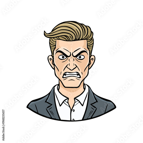 Angry businessman with furrowed brow and clenched teeth showing frustration and rage