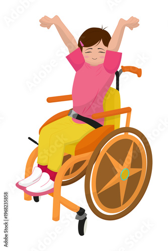Happy girl in wheelchair with arms raised, joyful disabled child illustration, inclusion concept art.
