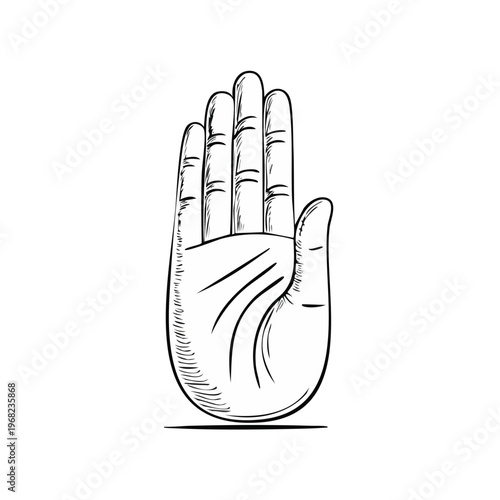 Hand gesture outline drawing palm open showing five fingers and thumb isolated on white
