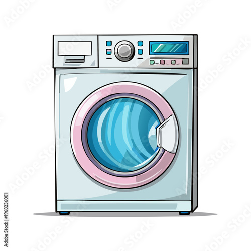 Modern front loading washing machine appliance with a clear glass door and digital display in a cartoon style