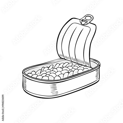 Hand drawn illustration of an open tin can filled with white beans