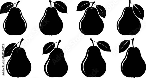 Black Pear Silhouettes with Leaves White Background Isolated fruit