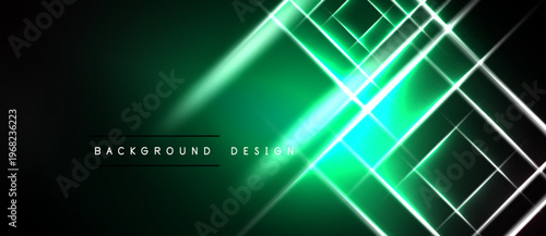 Dark green background features bright neon lines forming geometric shapes. Minimalist design with text elements present. Modern aesthetic.