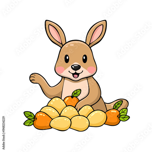 Cute cartoon kangaroo with pile of fruits and vegetables waving hello