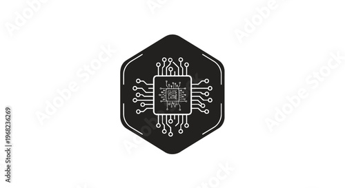 Black and White Hexagon with Integrated Circuit Chip Design.