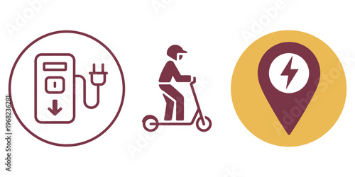 Electric scooter transportation icons set, including charging station, rider, and location marker with lightning bolt, symbolizing eco-friendly urban mobility solutions