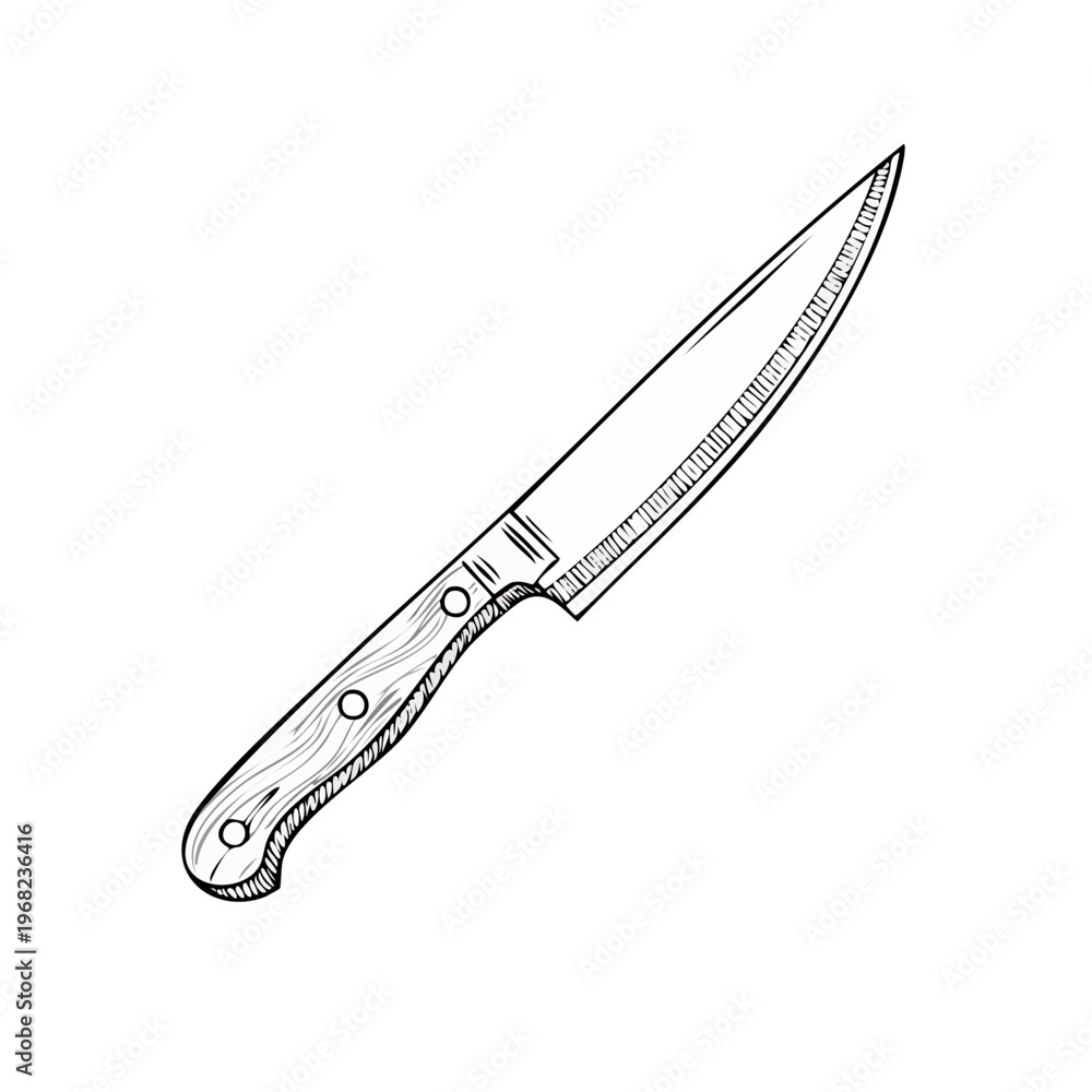 Obraz premium Hand Drawn Kitchen Knife With Wooden Handle Isolated on White Background Sketch