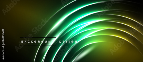 Abstract neon lines create dynamic curves. Vivid green, yellow hues contrast dark background. Modern design element for digital projects.