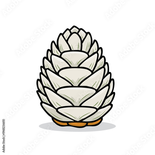 Stylized White Pine Cone Illustration with Layered Scales and Earthy Base