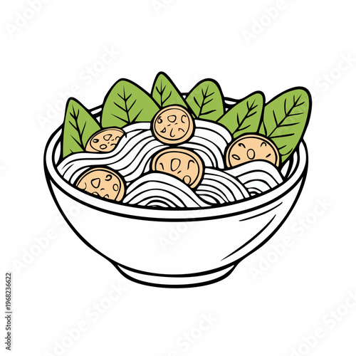 Hand-drawn illustration of a delicious bowl of noodles with vegetables and toppings in a simple white bowl.