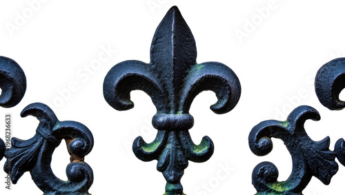 Obraz na plátně Ornate dark teal fleur-de-lis metal ornaments intricately detailed with swirling