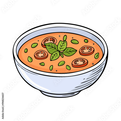 Fresh Tomato Soup Bowl Garnished with Basil and Slices of Tomato