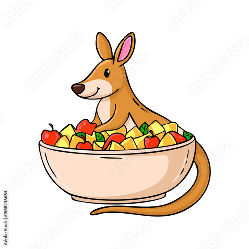 Cute Kangaroo Sitting in a Bowl of Fresh Fruit Salad Healthy Eating Concept