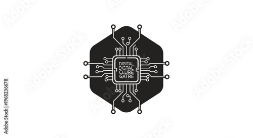 Black and white illustration of a computer processor chip on white background.