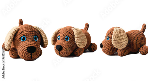 Cute Crochet Dog Plush Toy Vector Illustration with Amigurumi Puppy Doll in Different Views, Handmade Knitted Animal Toy Design