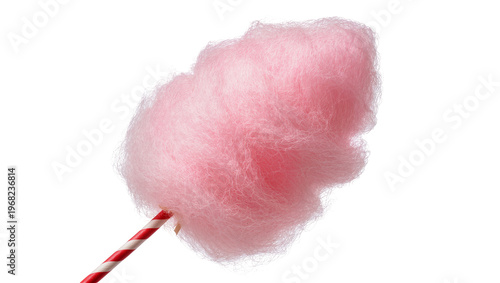 Fluffy pink cotton candy cloud with a red and white striped stick, isolated on transparent background for festive treats and desserts