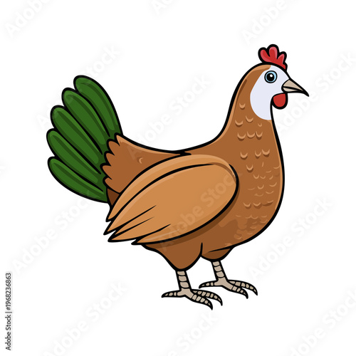 Charming cartoon hen with brown body and green tail feathers standing alertly.