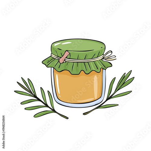 Hand-drawn jar of golden honey adorned with a green fabric lid and rosemary sprigs