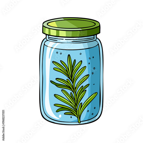 Glass jar preserving fresh rosemary herb in clear liquid with green lid and water bubbles