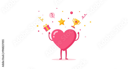 Happy Heart Character Celebrating Achievements with Confetti and Trophy