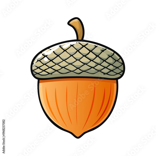 Cartoon acorn illustration with stylized cap and orange body on white background