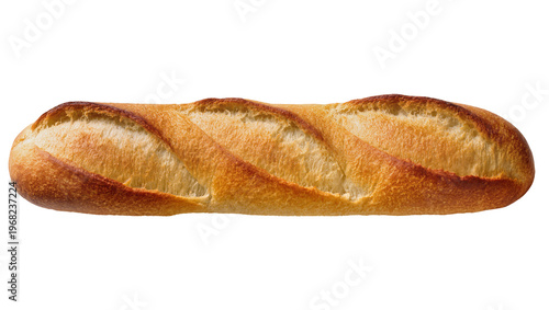 Rustic golden brown French baguette loaf with flaky crust and airy crumb, isolated on transparent background for culinary advertising and menus