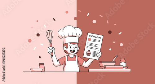 Happy Chef Holding Recipe, Baking Fun Concept, Cartoon Style