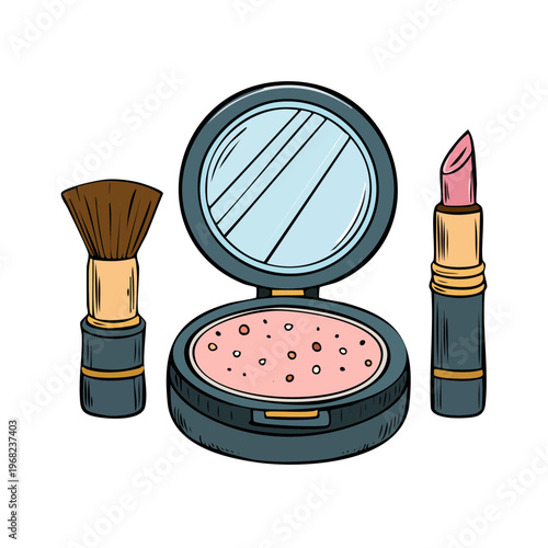 Cosmetic collection featuring a makeup brush blush compact and lipstick accessory